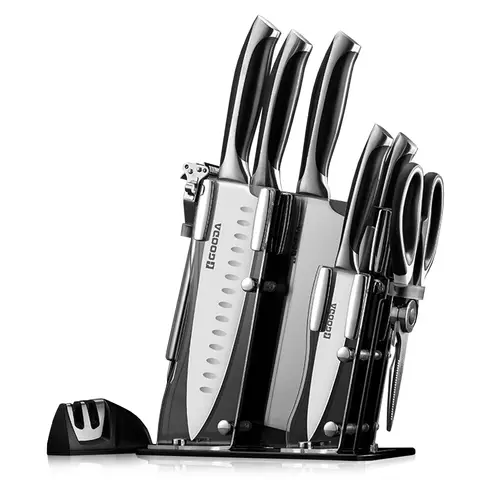GOODA 9-Piece Chef’s Stainless Steel Knife Set with Rotating Acrylic Knife Block, Sharp, Non-Stick Coating, Knife Block Set, for Kitchen, with Sharpener, for Cutting, Dicing, Chopping