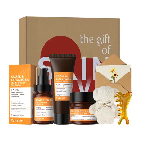 QUIYUM Korean Snail Collagen Skincare Set (5pcs) - Facial Cleanser 100g, Toner 100ml, Face Cream 50g, with Teddy Bear Towel, Facial Massage Comb