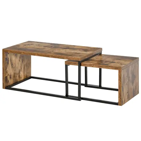 HOMCOM Lot de 2 tables basses gigognes, design industriel, grande : 90 x 48 x 42 cm, métal noir et effet bois vieilli