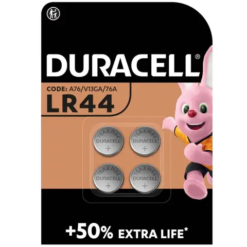 DURACELL LR44 Piles alcalines spéciales 1,5V (A76) (Lot de 4) – JUSQU'A 50 % DE PUISSANCE EN PLUS – Pour thermomètres numériques, calculatrices, lampes de poche, montres, panneaux de systèmes de sécurité, appareils médicaux – Fonctionnement garanti après 5 ans de conservation – Prévention des fuites