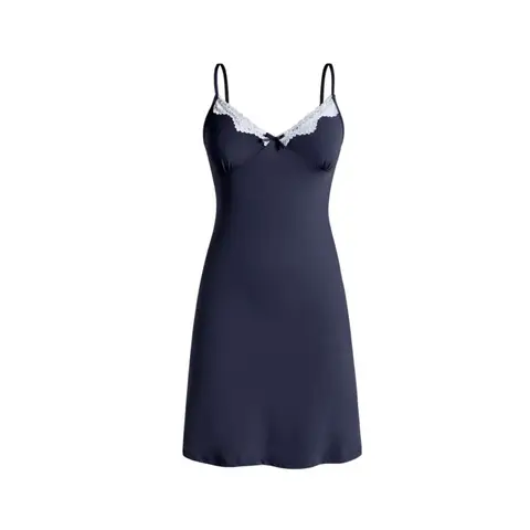 collar white lace v-neck navy suspender dress  M
