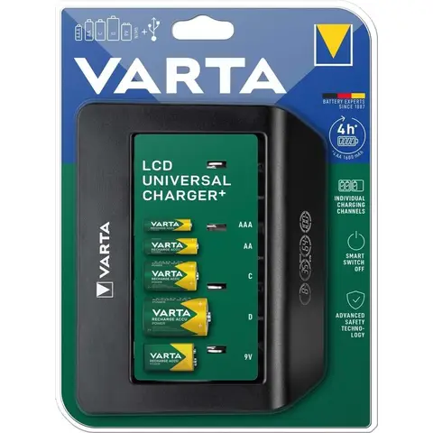 VARTA Batterieladegerät, Ladegerät für wiederaufladbare AA/AAA/C/D/9V und USB-Geräte, LCD Universal Charger+, Einzelzellenladung, unmontiert, Schwarz