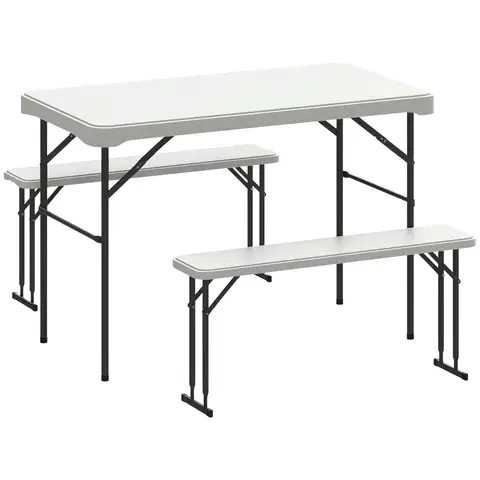Outsunny Ensemble table et bancs de pique-nique pliants 113 cm, avec poignée de transport, gris clair et blanc