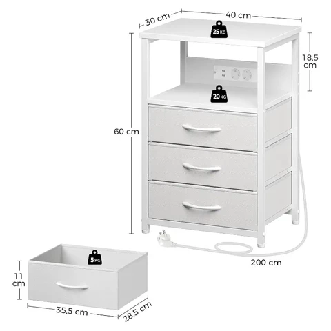 Seventable Three fabric drawer side table with power and light - matte white Hemp White