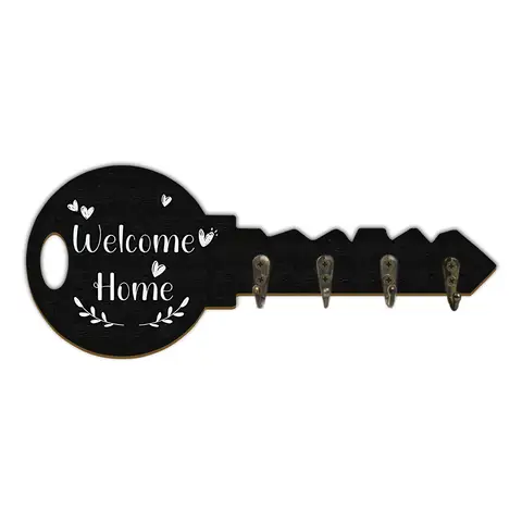 Alphynix 1pc Key-Shaped Wall Hook, "Welcome Home" Decorative Key Rack with 4 Metal Hooks, Entryway Organizer for Keys & Small Items