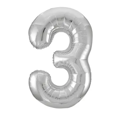 Unique Party Giant Number 3 Balloon, Silver, 86cm