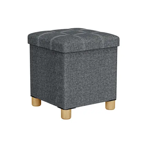 Oak&Tea 30 cm Sitzhocker mit Stauraum und Holzbeinen, Leinensitzhocker mit verstecktem Stauraum, faltbare Sitzbox für Wohnzimmer Schlafzimmer Grau