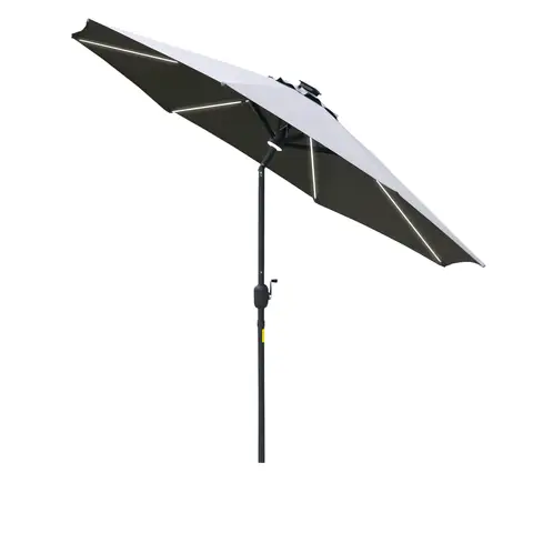 Outsunny 2.7m Garden Parasol with LED Solar Light, Centre Light, Sun Umbrella Patio Outdoor Table Parasol with Angled Canopy, Vent, Crank Tilt, Grey