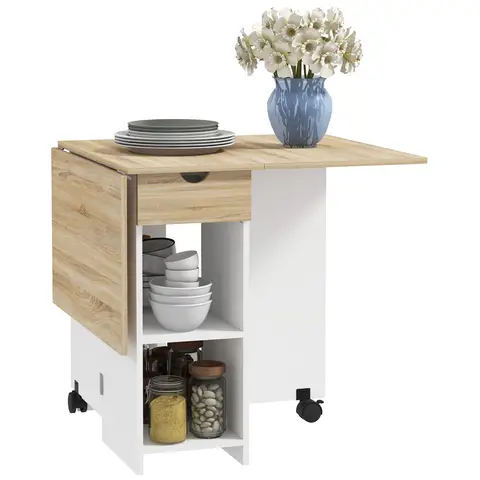 HOMCOM Folding Dining Table, Drop Leaf Table for Small Spaces, Foldable Table with Drawer and Storage Shelves Oak