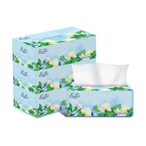 BREEZE Blossom Box Taschentücher Großformat 2-lagig 200 Blatt x 3 Boxen, Insgesamt 600 Blatt, Weich & Hautfreundlich, Nassfest, Blumenmuster, Für Wohnzimmer, Esstisch, Schlafzimmer, Büro