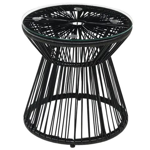 Outsunny Outdoor Coffee Table, Round PE Rattan Side Table with Tempered Glass Table Top, Hollow Drum Design for Garden, Balco