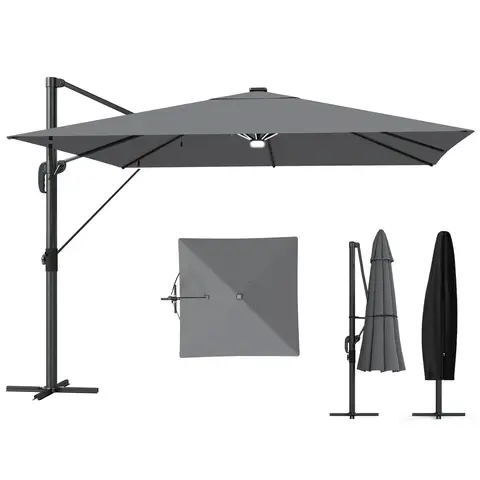 Outsunny 3 x 3 m Garden Cantilever Parasol with Solar Light, Cover, Aluminium Overhanging Umbrella with Wind Protection, 360° Rotation, 4-Position Tilt, Crank Handle, Banana Patio Umbrella, Light Grey