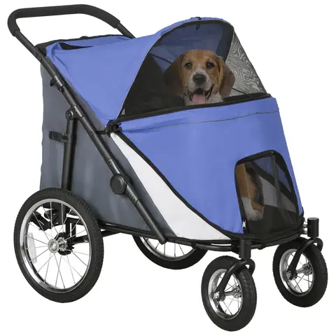PawHut Large Dog Stroller Dog Pram Foldable Pet Pushchair with Safety Leashes for Medium, Large Dogs Blue