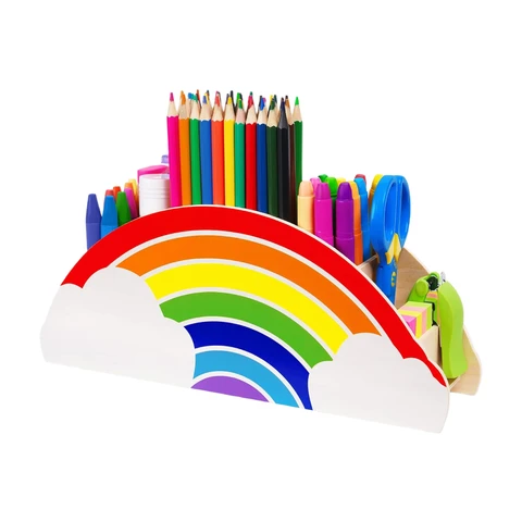 GAMENOTE Rainbow Series Wooden Desk Organizer, Child-Friendly Pen and Pencil Holder Caddy, Natural Wood, Odor-Free for Office Supplies, Classroom, and Study Area 1 Set