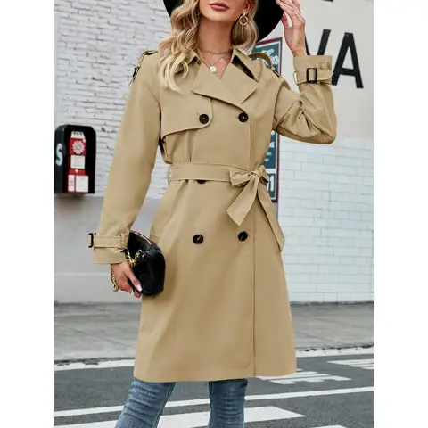 Women's Double Breasted Long Trench Coat Windproof Classic Lapel Slim Overcoat with Belt (khaki, S)