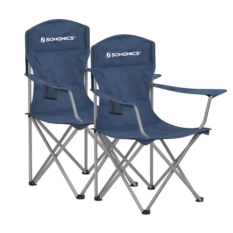 SONGMICS Set aus 2 Faltbaren Campingstühlen, Bequem, Robuste Struktur, Max. Belastbarkeit 150 kg, Outdoor-Stuhl mit Getränkehalter, für Camping, Garten, Angeln, Terrasse, Blau GCB08BU