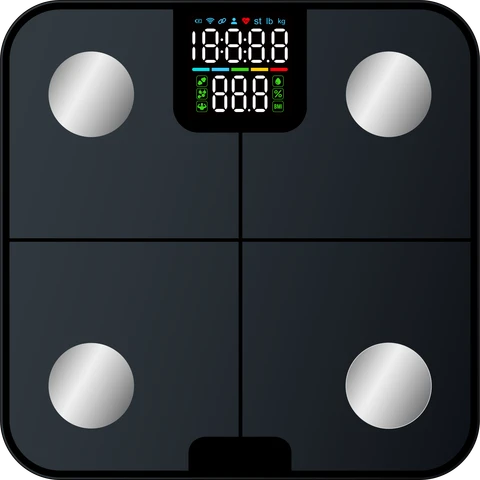 Pèse-personne connecté avec écran LED couleur, suivi de 25 indicateurs corporels, capteurs haute précision, capacité 180 kg
