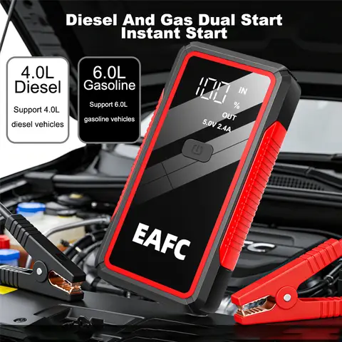 EAFC 2000A Car Jump Starter with 10000mAh Battery, Portable Emergency Power Supply for Gas and Diesel Vehicles (Up to 6.0L Gas / 4.0L Diesel), 12V Auto Battery Booster with LED Flashlight & Safety Protection