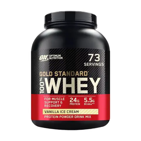Optimum Nutrition Gold Standard 100% Whey Protein Powder - Vanilla Ice Cream, 24g Protein per Serving, BCAAs & Glutamine, 2.28kg (76 Servings)