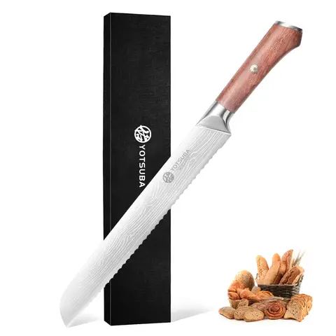 YOTSUBA 38cm Hand-Forged Bread Knife, Hollow Groove Design, Multi-Layer Steel Blade, Rosewood Handle Kitchen Knife