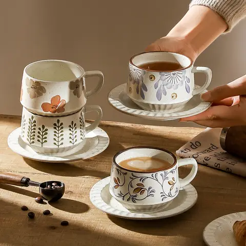 KAWASIMAYA Ceramic Coffee Cup and Plate Set,300ml,Leaf Theme