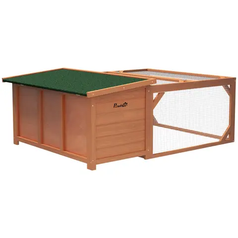 PawHut Rabbit Hutch Outdoor Guinea Pig Hutch with Run Small Animal Off-ground Duck House Hideaway Garden with Openable Roof 125.5 x 100 x 49cm Orange
