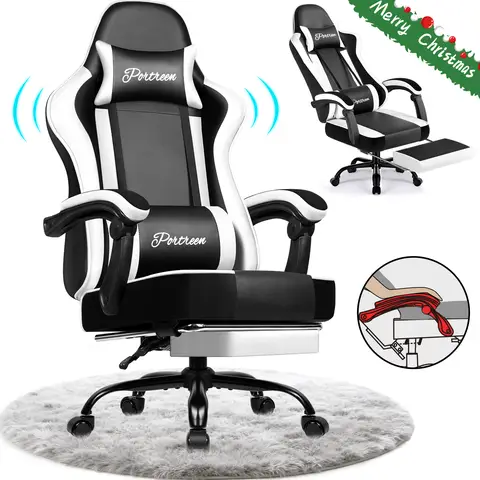 Gaming chair, ergonomic office chair with telescopic footrest, gaming chair with headrest and lumbar support, upholstered gaming armchair 150 kg, height-adjustable gaming chair