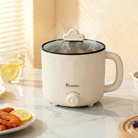 IAGREEA Portable Electric Cooker 1.6L Ramen Cooker Ramen Noodle Cooker - Dual Power Mini Ramen Maker Multi-Functional Lazy Pot, Non-Stick Noodle Cooker with Boil Dry Protection for Pasta Noodles Egg Soup, Compact for Dorm Office (Beige)