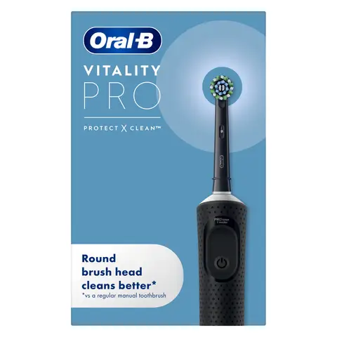 Oral‑B Vitality Pro Electric Toothbrush + 2 CrossAction Heads, 3 Brushing Modes Including Sensitive Plus, 2 Pin UK Plug, Black