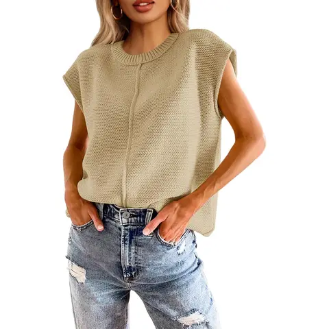 Women's Summer Cap Sleeve Tops Casual Crew Neck Loose fit Knit Lightweight Sweater Pullover Top (apricot， S)