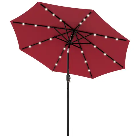 Outsunny Φ2.7m Garden 24 LED Light Parasol Solar Outdoor Tilt Sun Umbrella Patio Club Party Event Manual Sun Shade w/ Hand Crank and 8 Ribs, Red