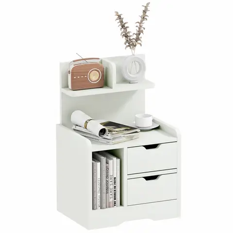 HOMCOM Bedside Table, Small Bedside Cabinet with 2 Drawers and Storage Shelves, Modern Nightstand for Bedroom White