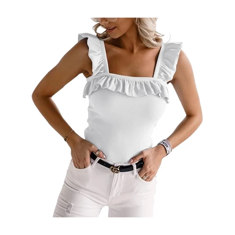 Women's Sleeveless Tops Casual Ruffle Blouse Slim Camisole Plain T-Shirt Summer Tops (white, M)