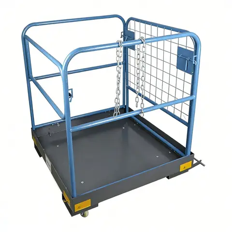 Folding Forklift Safety Cage, load capacity 590 kilograms, dimensions 92 centimetres × 92 centimetres, equipped with lockable silent castors and equipment securing chains, accommodates approximately 1-2 adults.