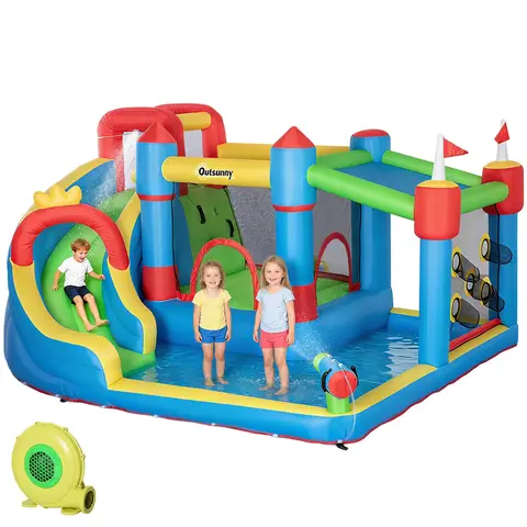 Outsunny Bouncy Castle, 6-in-1 Kids Inflatable Bounce House, Kids Inflatable Jumping Castle with Water Slide, Water Gun, Climbing Wall, Air Blower for Indoors/Outdoors, 3.9 x 3 x 2m