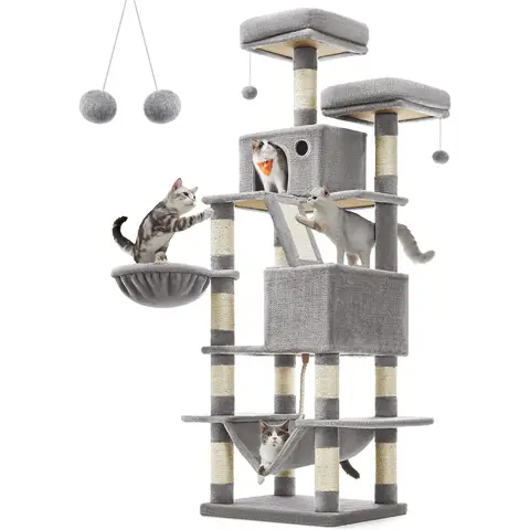 Poteau à griffer pour chat Feandrea grand de 168 cm avec 13 poteaux à griffer, 2 plateformes, 2 grottes, panier, hamac, boules en peluche, poteau à griffer multi-niveaux pour chat, gris clair, PCT165W01