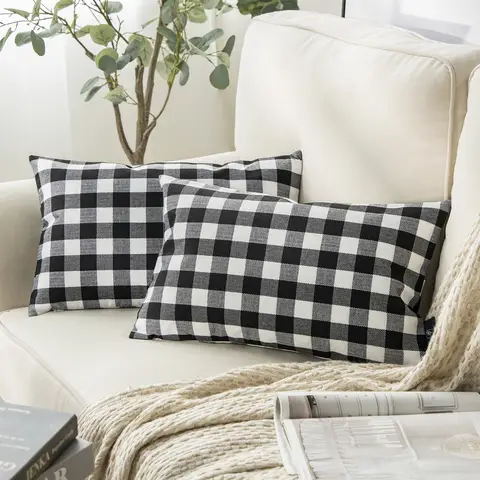 Encasa XO Lot de 2 housses de coussins damier noir buffle - 30 x 50 cm