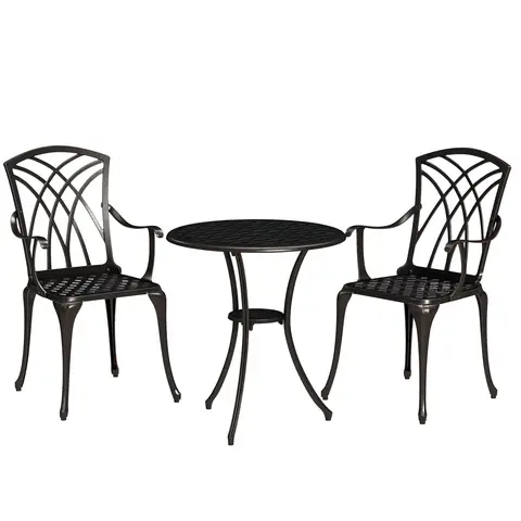 Outsunny 3 Pieces Garden Dining Set for 2, Cast Aluminium Outdoor Dining Set with 2 Armchairs and Round Dining Table with Parasol Hole, Garden Furniture Bistro Set, Bronze Tone