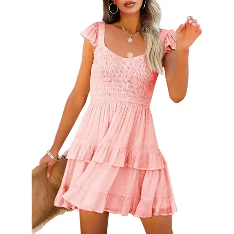 Women's Summer Ruffle Dresses Elastic Empire Waist A-line Layered Swing Flowy Mini Dress (Pink， M)
