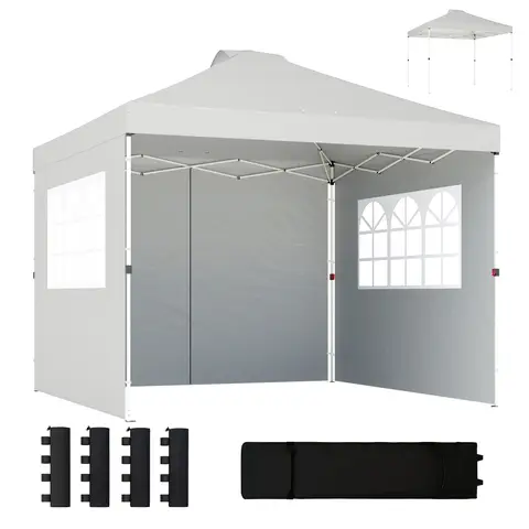 Outsunny 3 x 3 m Pop Up Gazebo with 3 Sidewalls, Waterproof Instant Shelter for Parties, Height Adjustable Pop Up Canopy with Wheeled Bag, Sandbags, Stakes, White