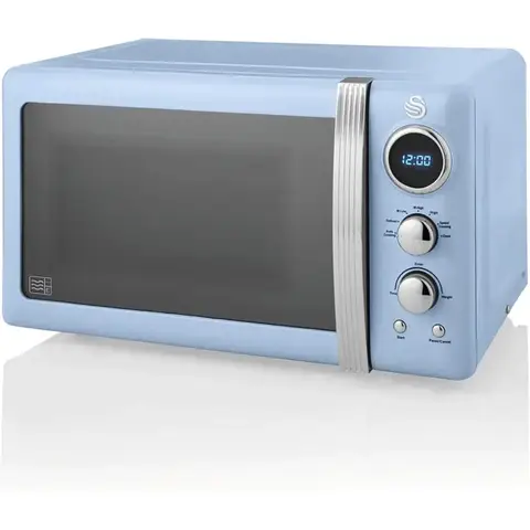 Swan Retro LED Digital Microwave - Blue, 20L, 800W, with Glass Turntable, 5 Power Levels & Defrost Setting, SM22030LBLN