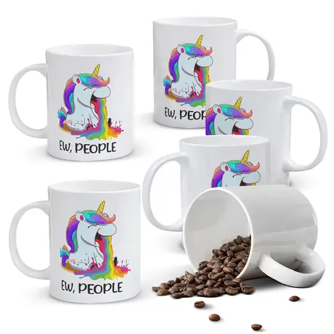 Alphynix  1pc 11oz White Mug with Sassy "EW, PEOPLE" Quote & Rainbow-Spewing Unicorn, Funny Contrast Christmas or Thanksgiving Gift
