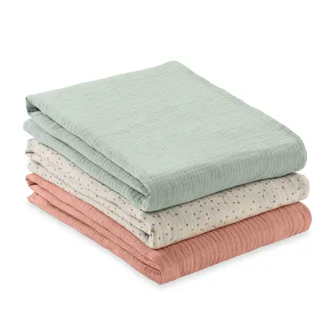 Hauck Muslin Cloths / Burp Cloths / Swaddle Blankets Cuddle N Clean - 3 Pack 80 x 80 cm - Sage / Beige Dots / Cork