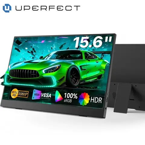 UPERFECT tragbarer Laptop-Monitor 15,6‑Zoll, 100% sRGB, mit integriertem verstellbarem Stand und integriertem Lautsprecher, VESA, HDTV, USB-C, Plug & Play, Zweitbildschirm für Smartphone und Spielekonsole