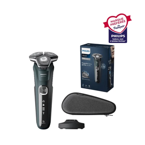 Philips Series 5000 S5887/35 Rasoir électrique avec lames SteelPrecision, capteur Power Adapt, têtes flexibles 360°, tondeuse rétractable, socle de charge - Noir