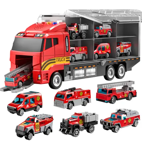 Jouets pour garçons de 3 à 5 ans, ensemble de camion de pompiers avec tapis de jeu et voiture jouet moulée sous pression, camion de transport pour enfants 3-5, cadeaux d'anniversaire, jouets pour garçons de 3 à 8 ans et plus