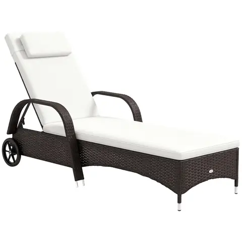 Outsunny Rattan Sun Lounger, Garden Lounger Recliner with Wheels and Adjustable Backrest, Outdoor Reclining Sunbed Garden Cha