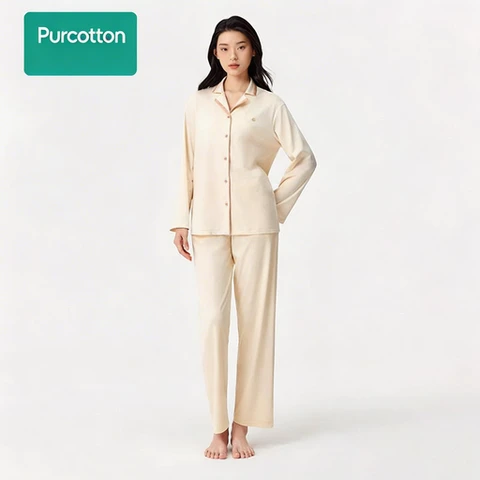 Women's Lustrous Cotton Brushed Loungewear Set,Moonlight White,Top: UK 12 (M); Bottom: UK 12 (M)