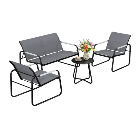 Outsunny Gartenmöbel Set Sitzgruppe für 4 Personen Atmungsaktiv Gartenlounge mit 2er Sofa 2 Sessel Seilflecht Rund Tisch Fußpads, Wetterfest Outdoor Balkonmöbel Terrassenmöbel für Garten Balkon Grau