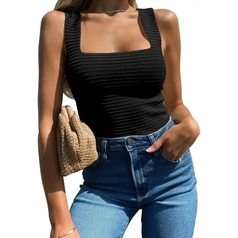 Women's Ribbed Tank Tops 2024 Summer Sleeveless Square Neck Shirts Casual Slim Fitted Knit Shirts (black, XXL)